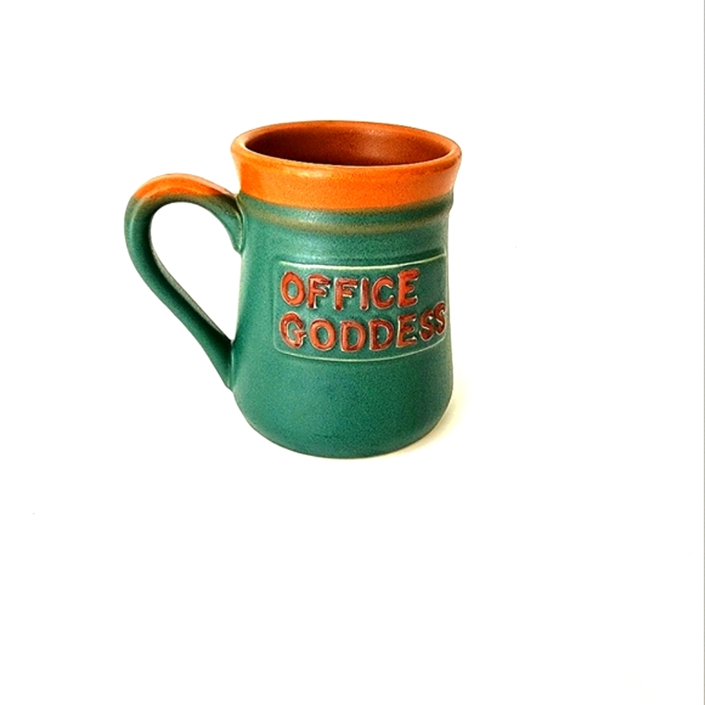 Green and Brown 'Office Goddess' Coffee Tea Ceramic Stoneware Cup Dish Mug